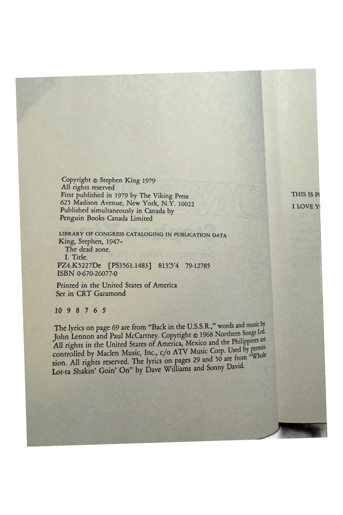 The Dead Zone Copyright Page