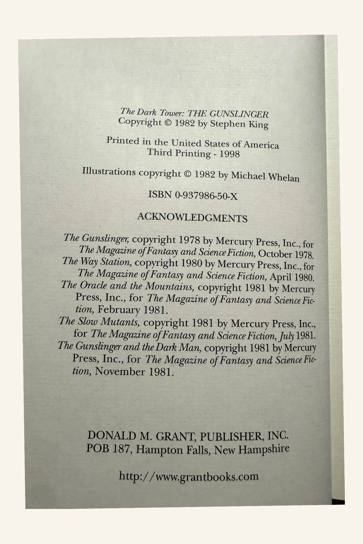 Dark Tower I:The Gunslinger Copyright Page