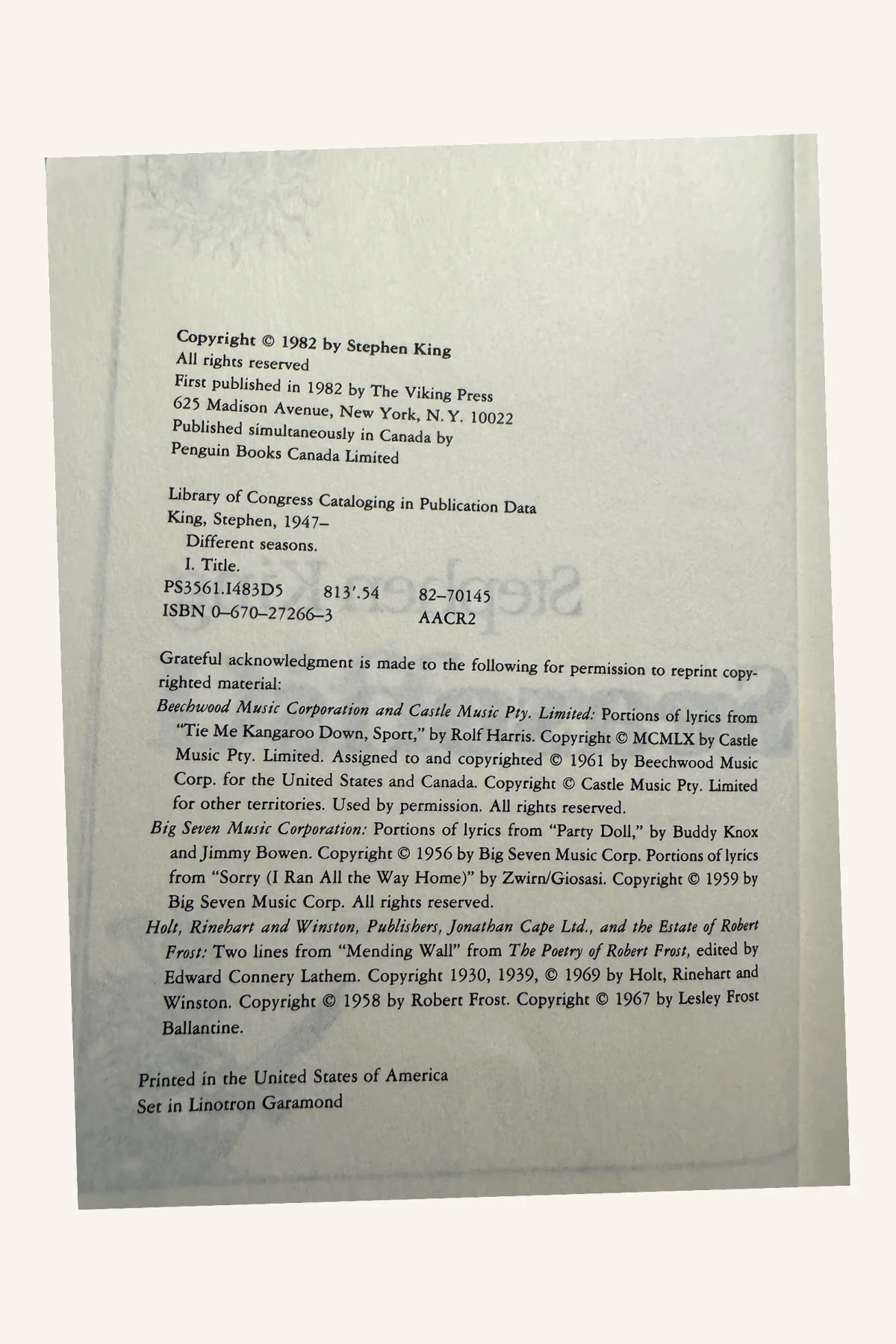 Different Seasons Copyright Page
