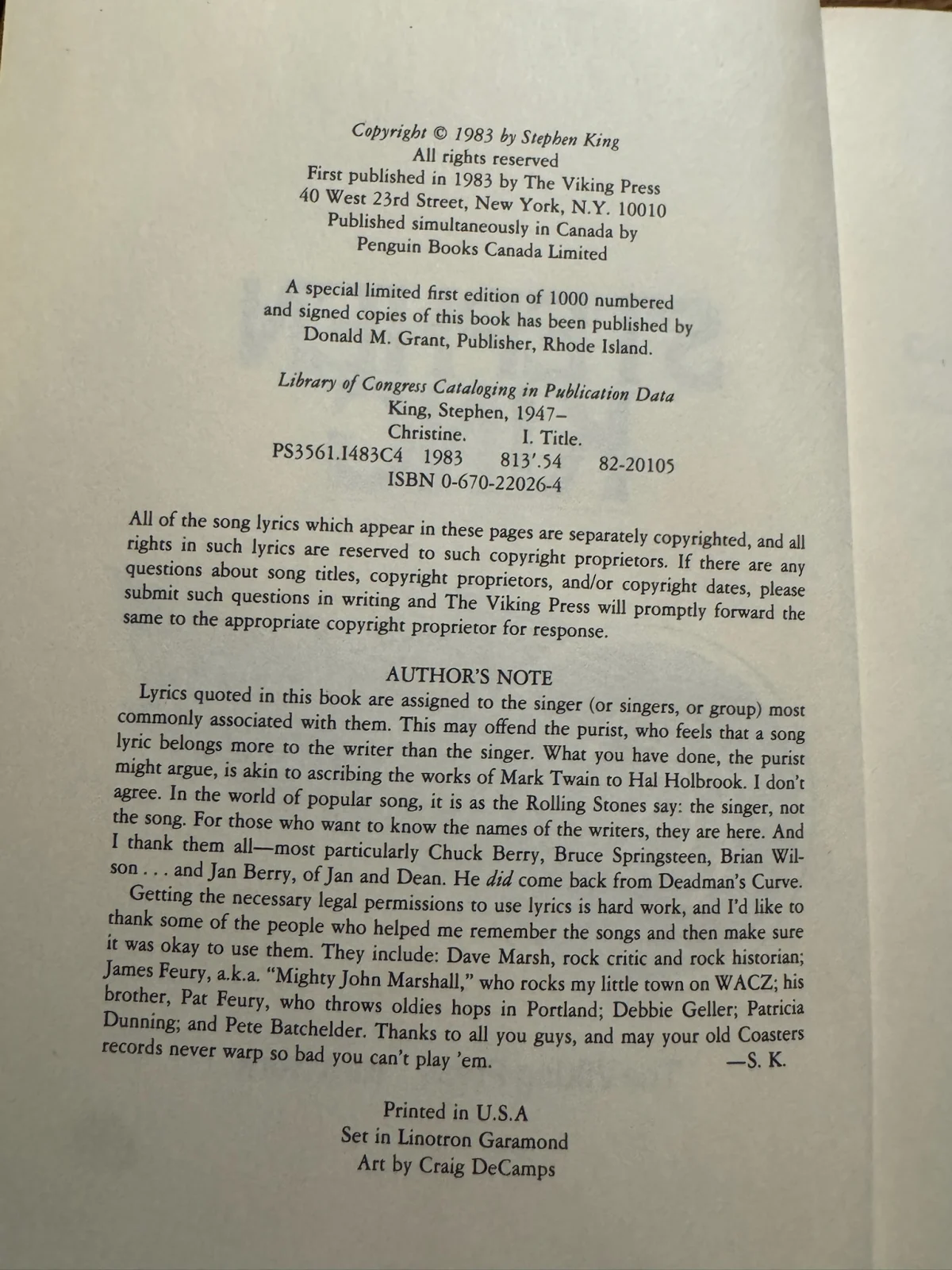 Christine Copyright Page