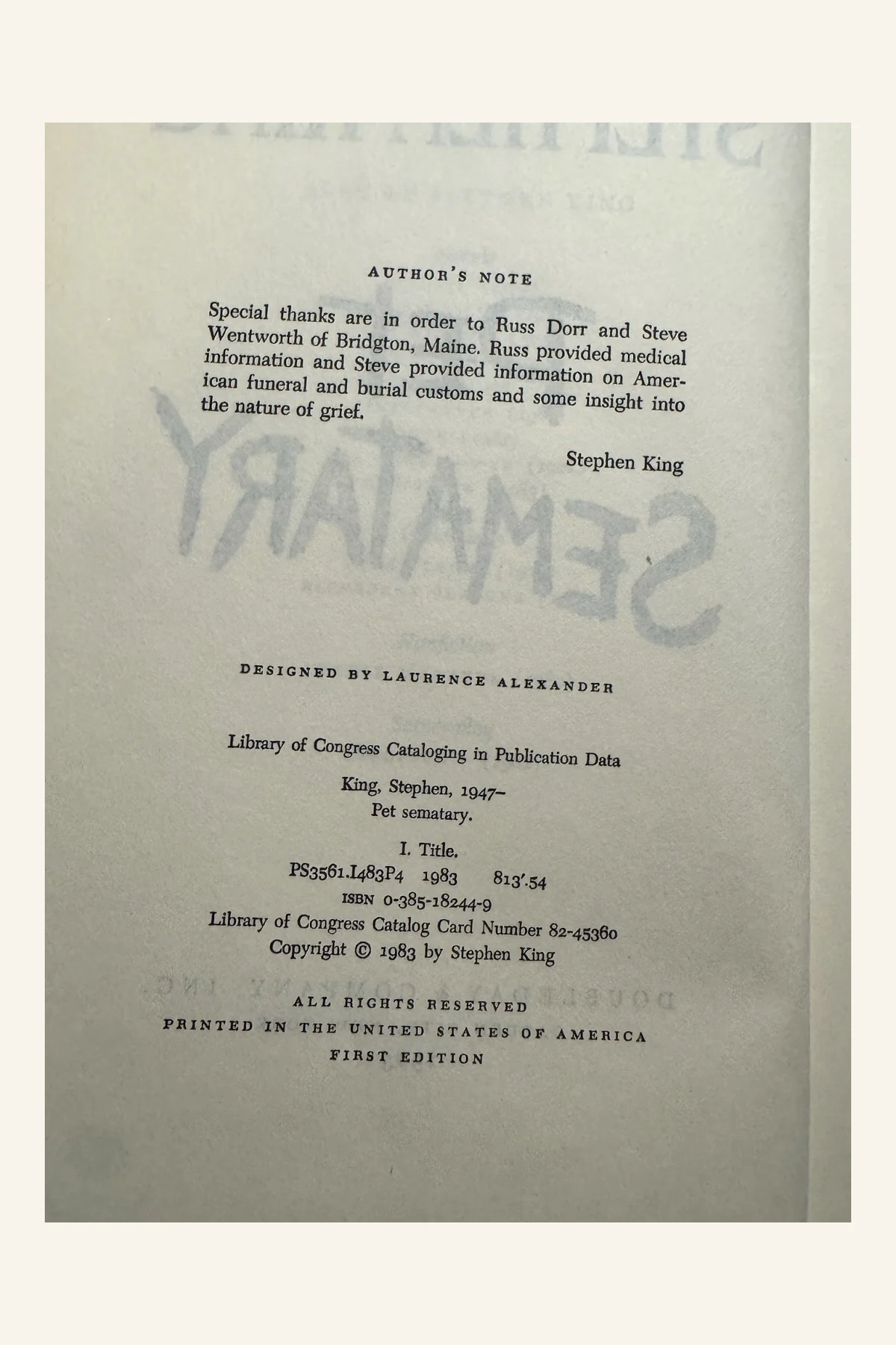 Pet Sematary Copyright Page