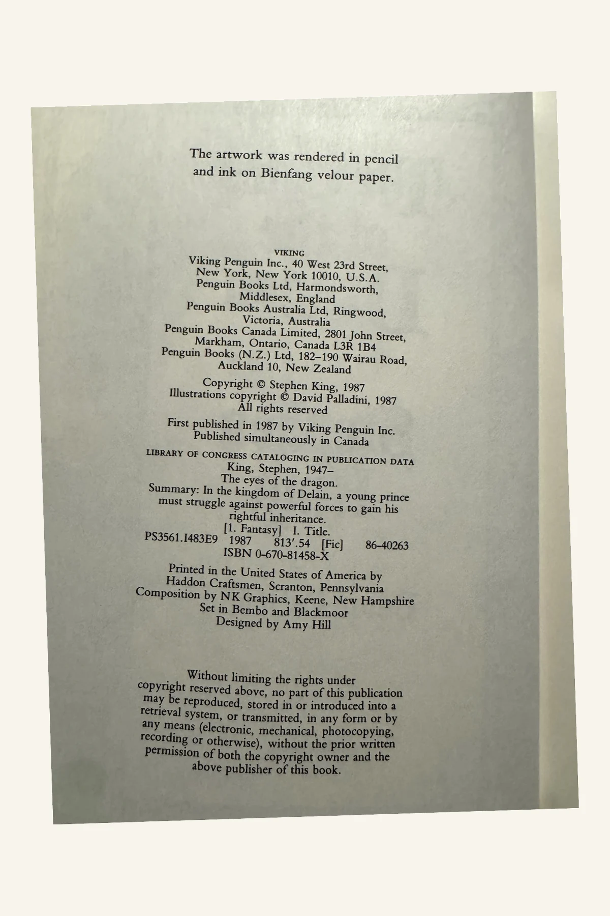 The Eyes of the Dragon Copyright Page