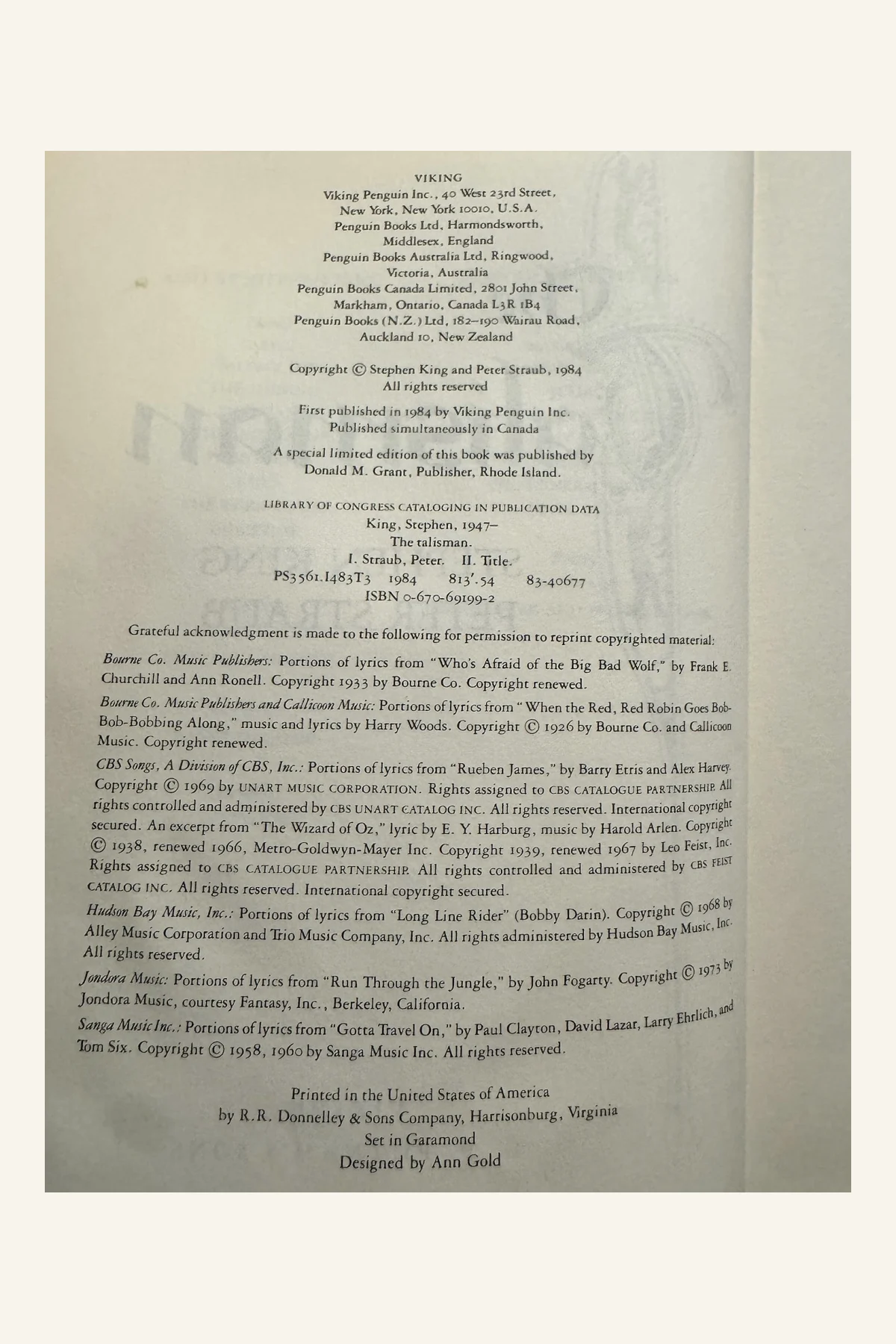 The Talisman Copyright Page