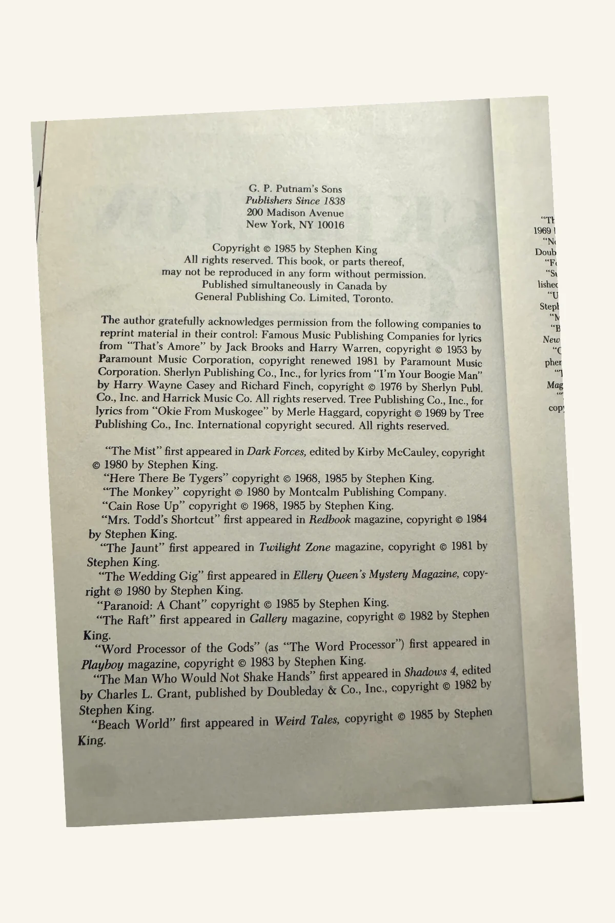 Skeleton Crew Copyright Page