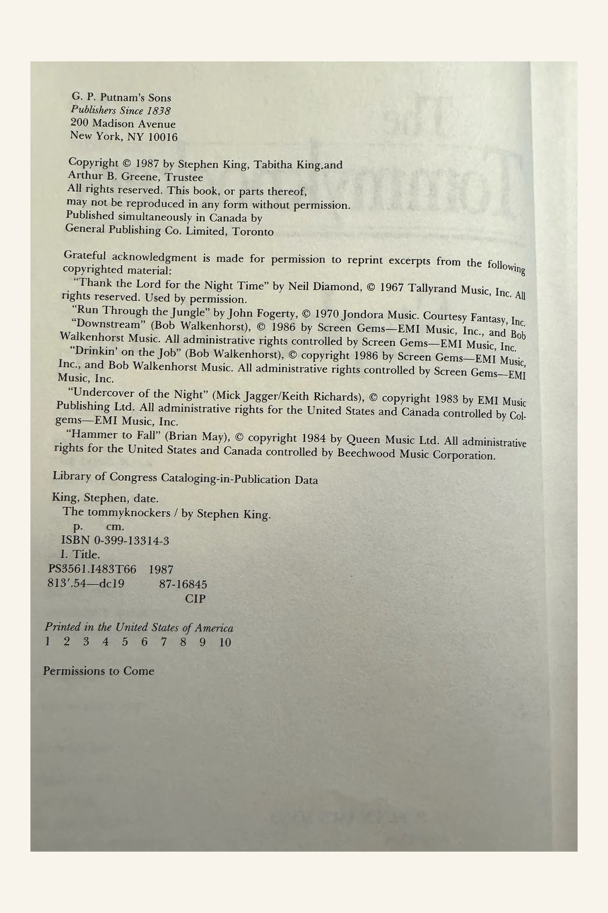 The Tommyknockers Copyright Page