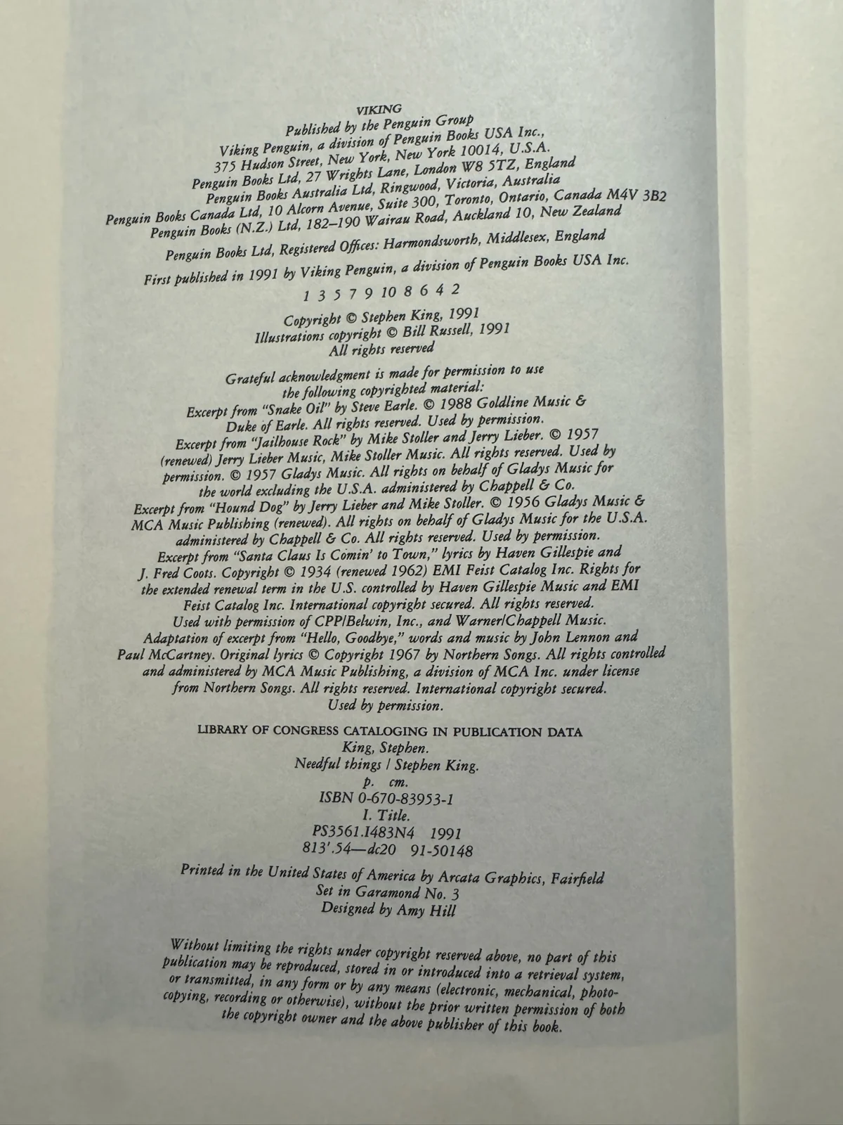 Needful Things Copyright Page