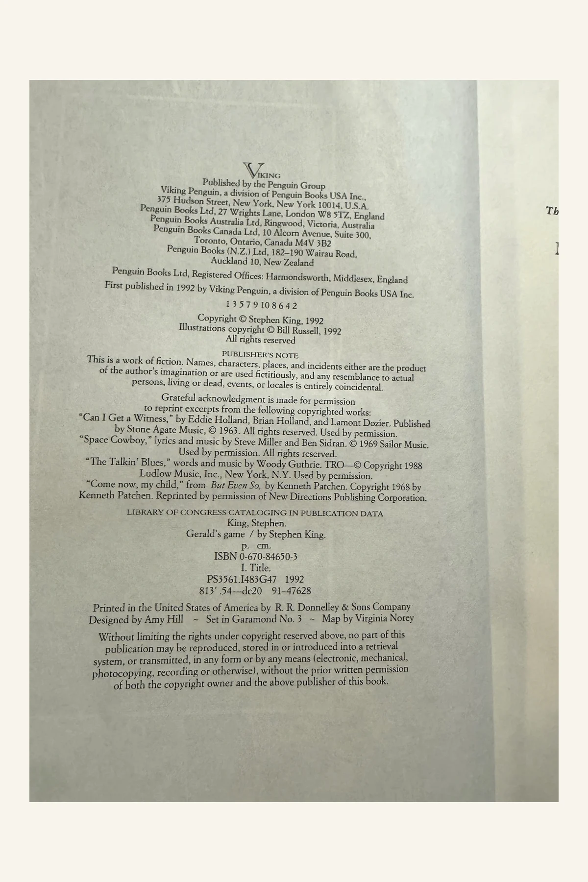 Gerald's Game Copyright Page