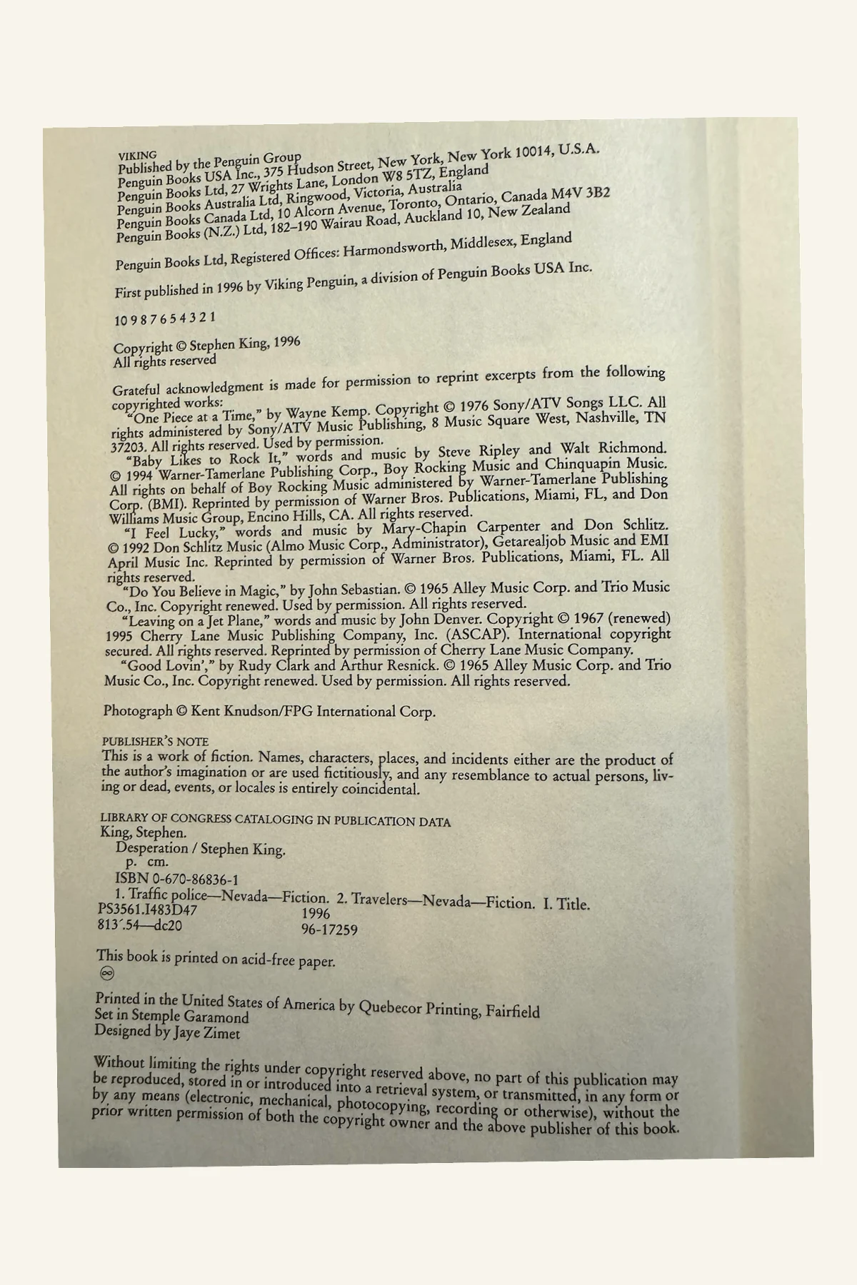 Desperation Copyright Page