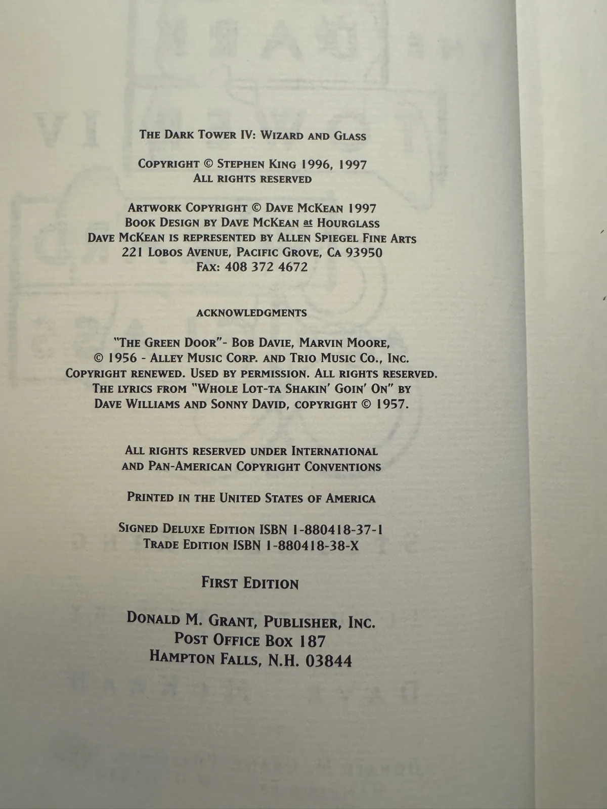 Dark Tower IV:Wizard and Glass Copyright Page