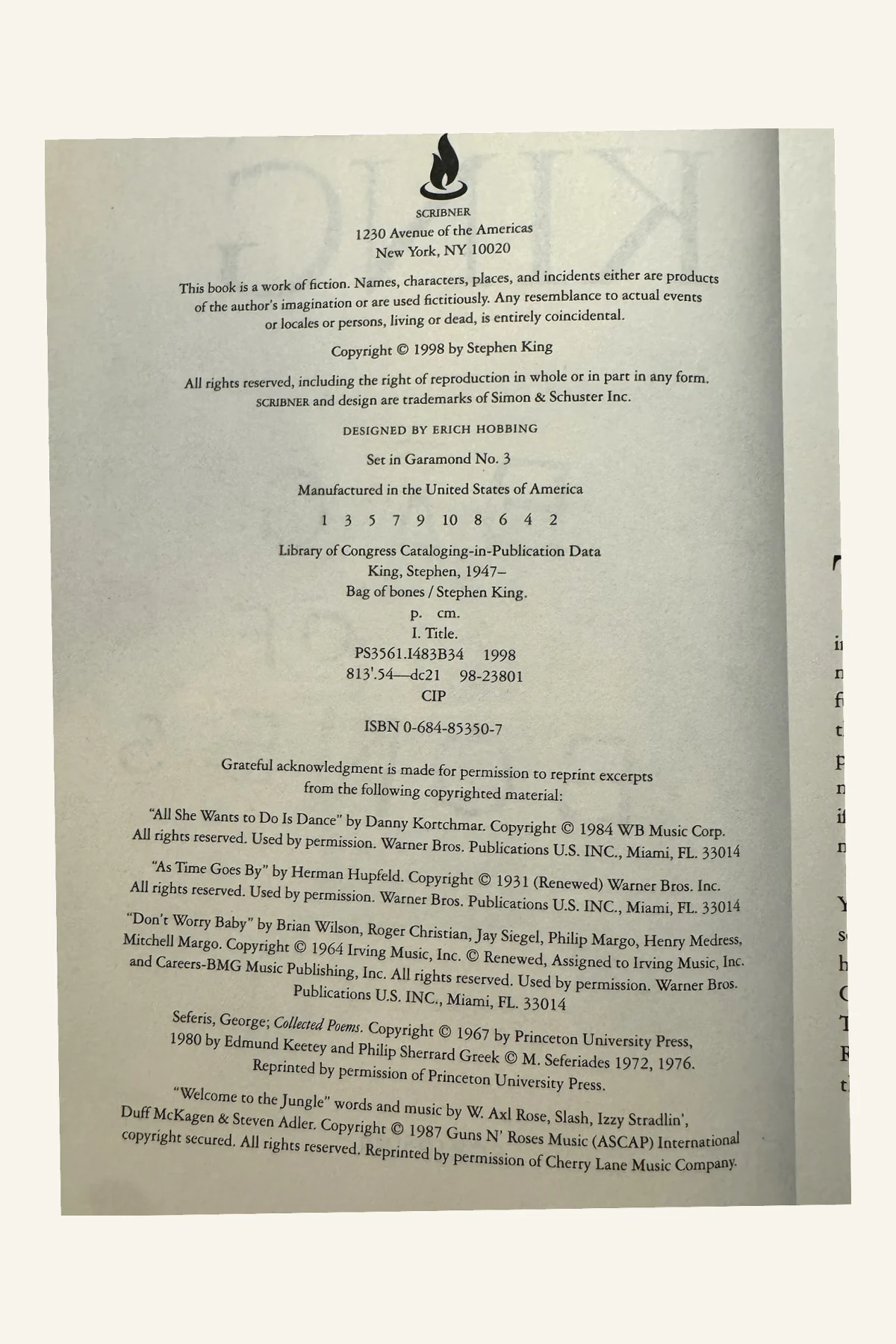 Bag of Bones Copyright Page