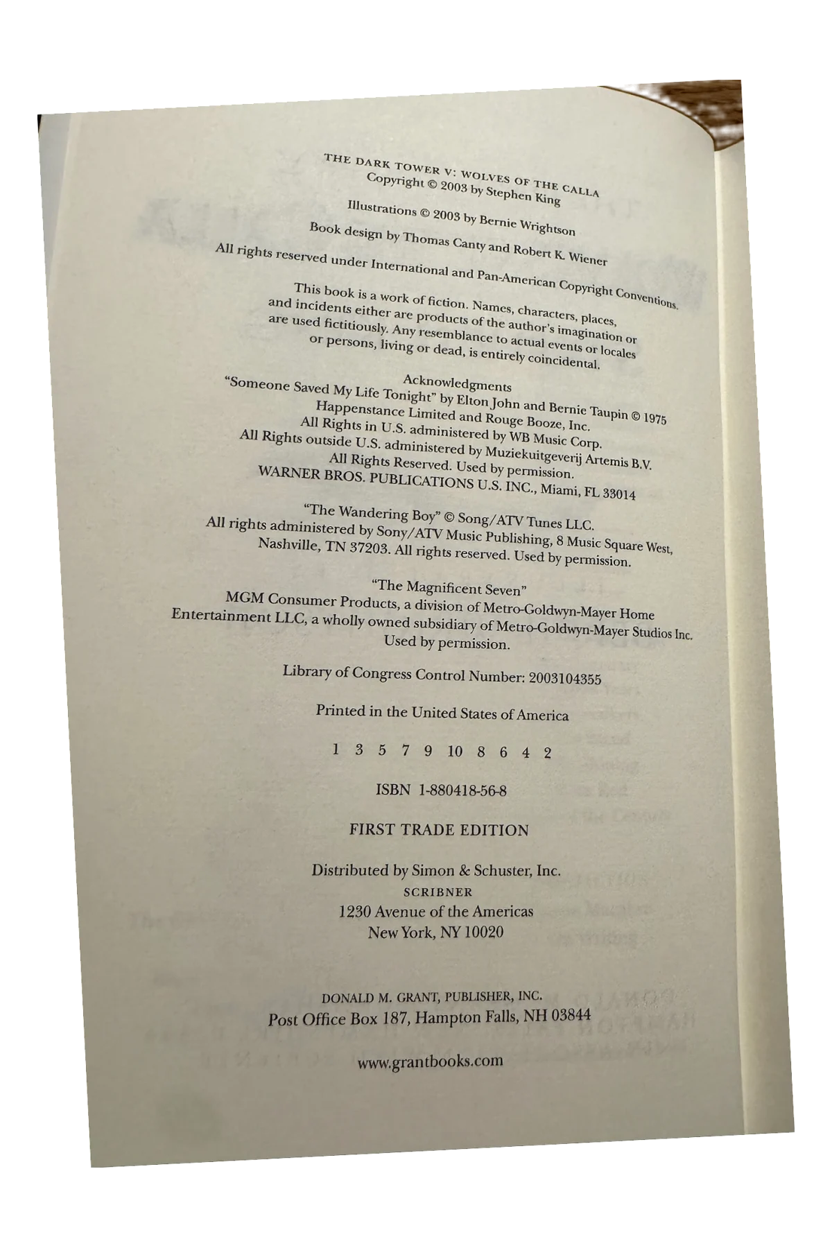 Dark Tower V:Wolves of the Calla Copyright Page