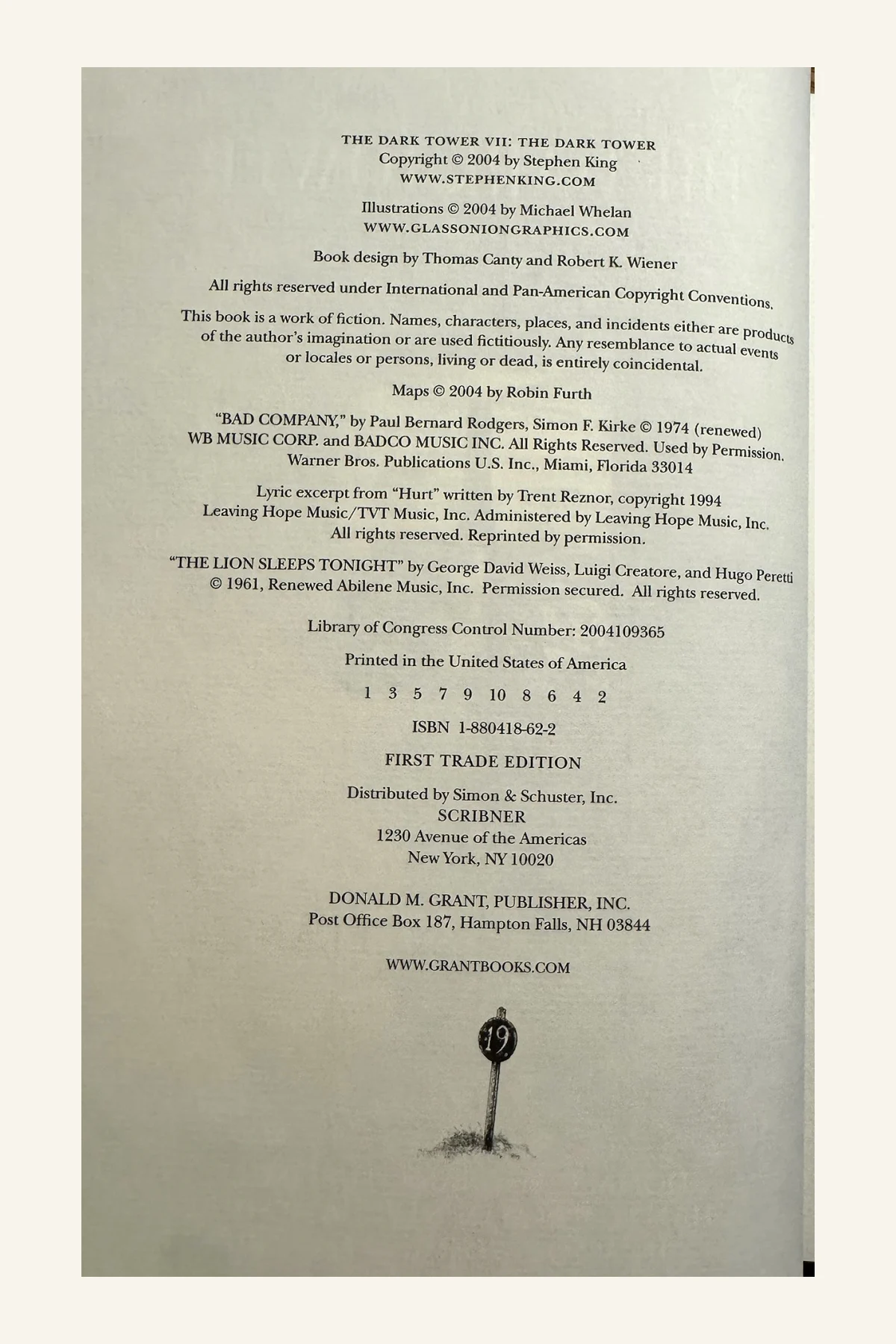 Dark Tower VII:The Dark Tower Copyright Page