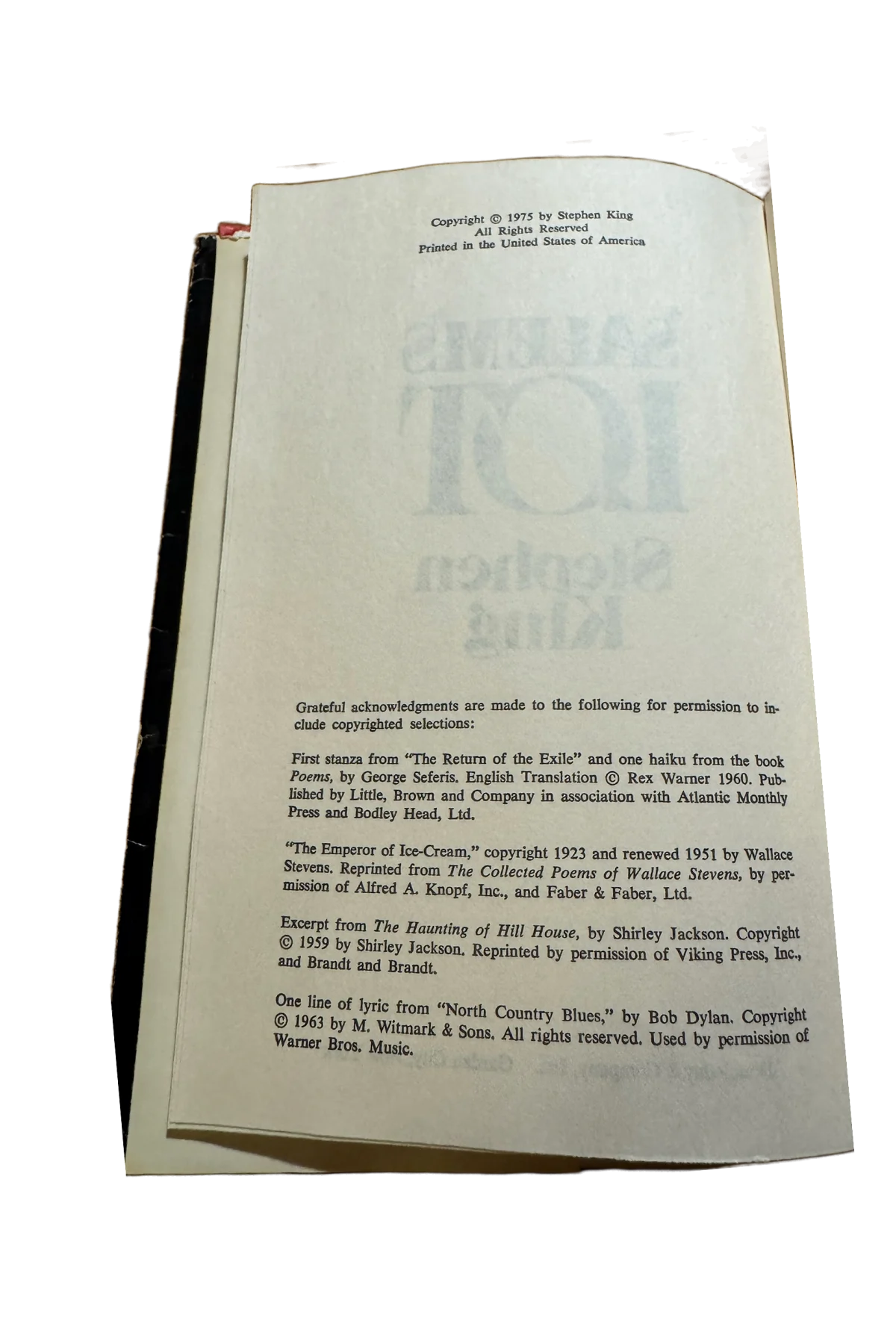 'Salem's Lot Copyright Page