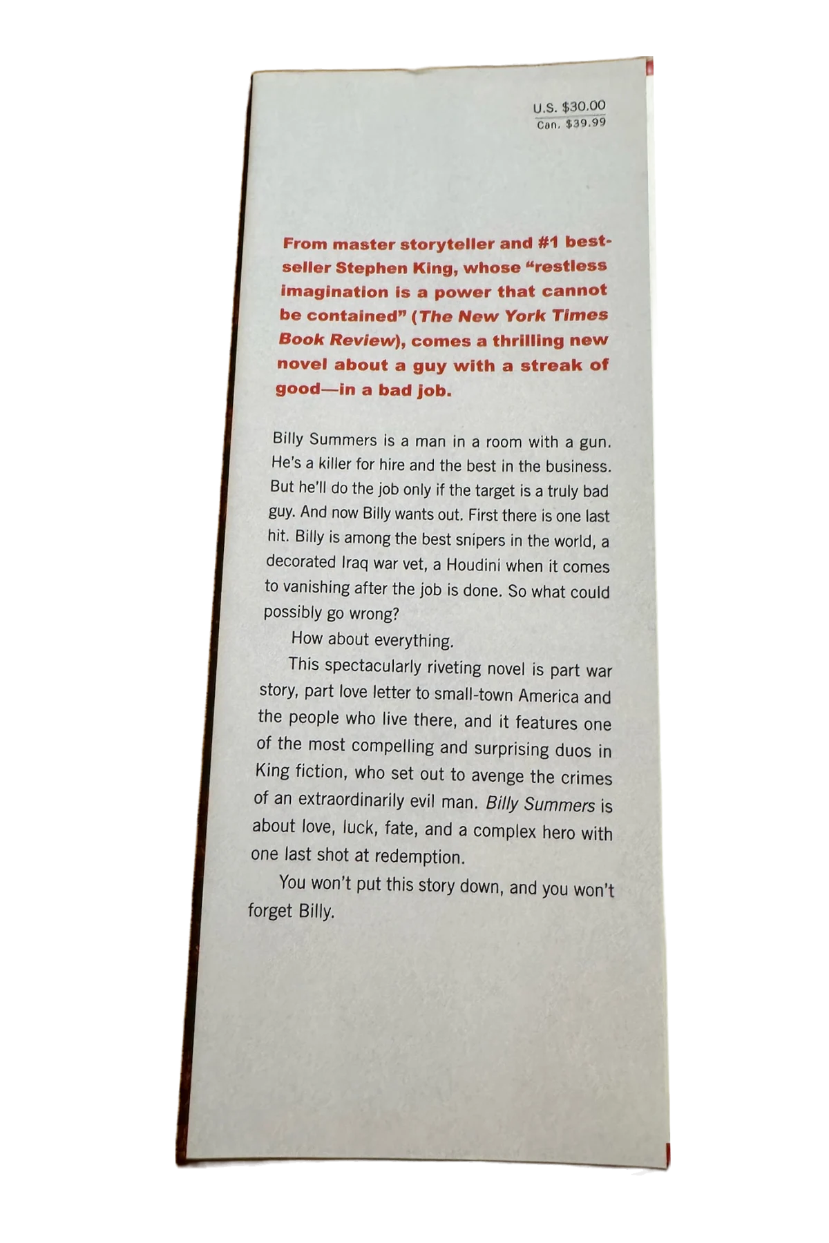 Billy Summers Front Dust-Jacket Flap