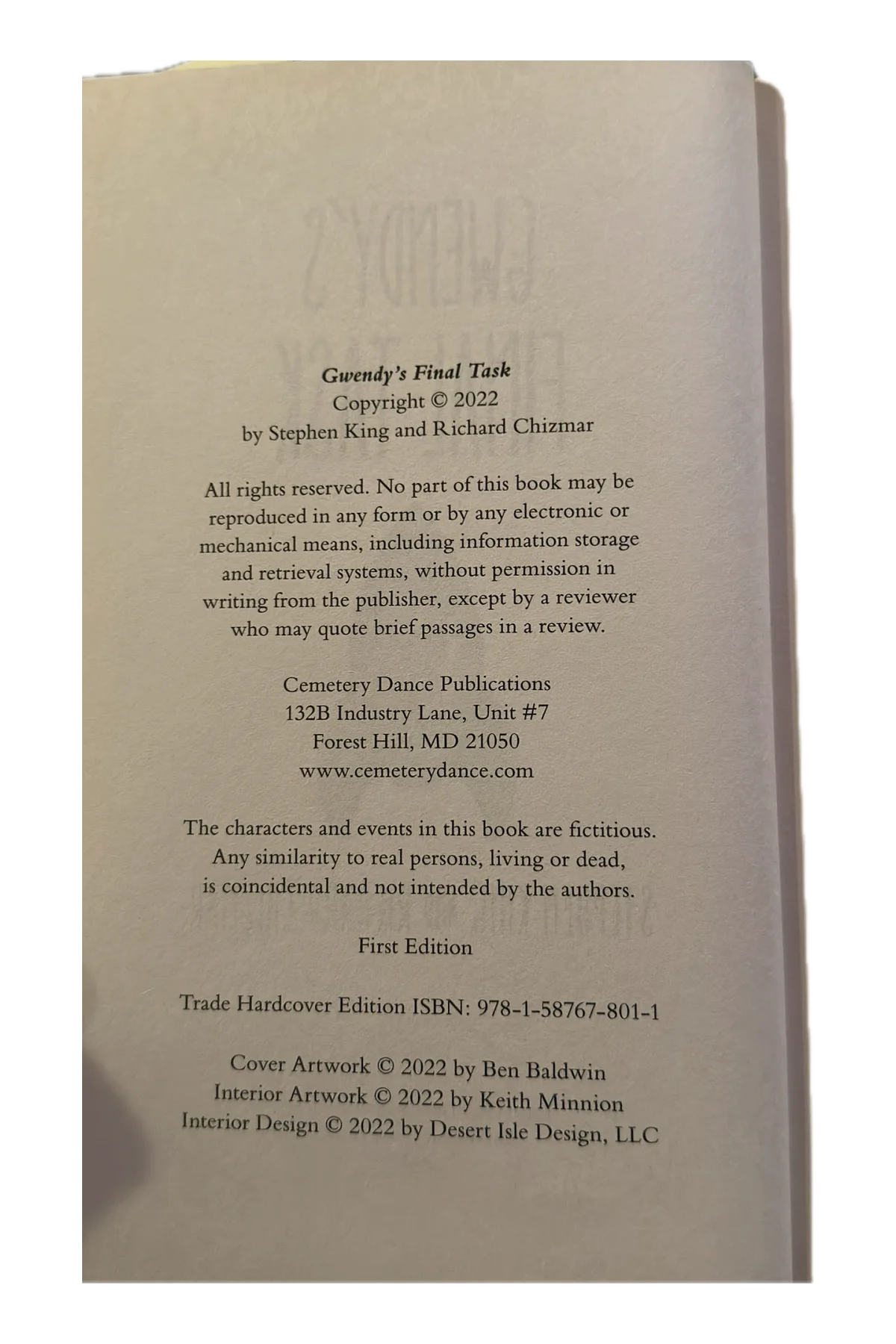 Gwendy's Final Task Copyright Page