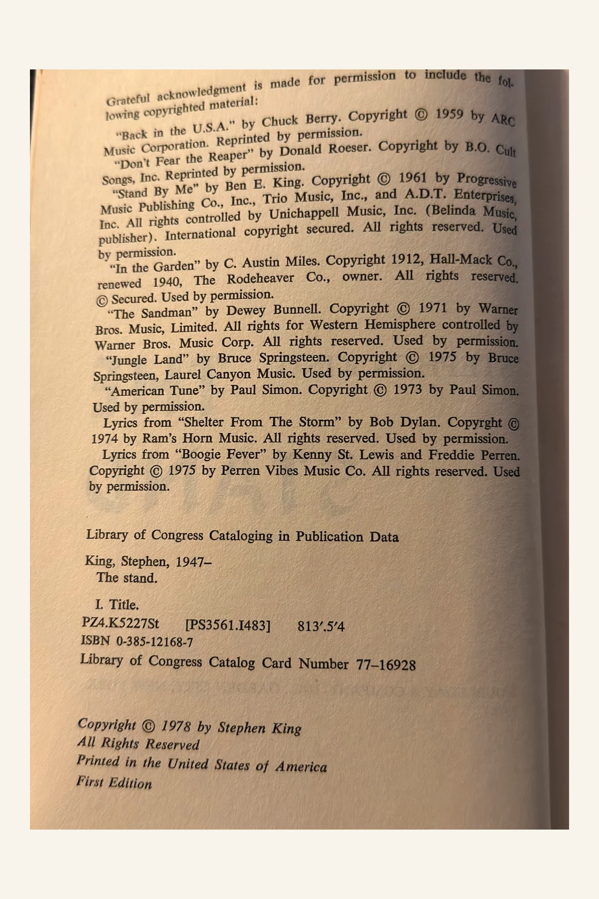 The Stand Copyright Page