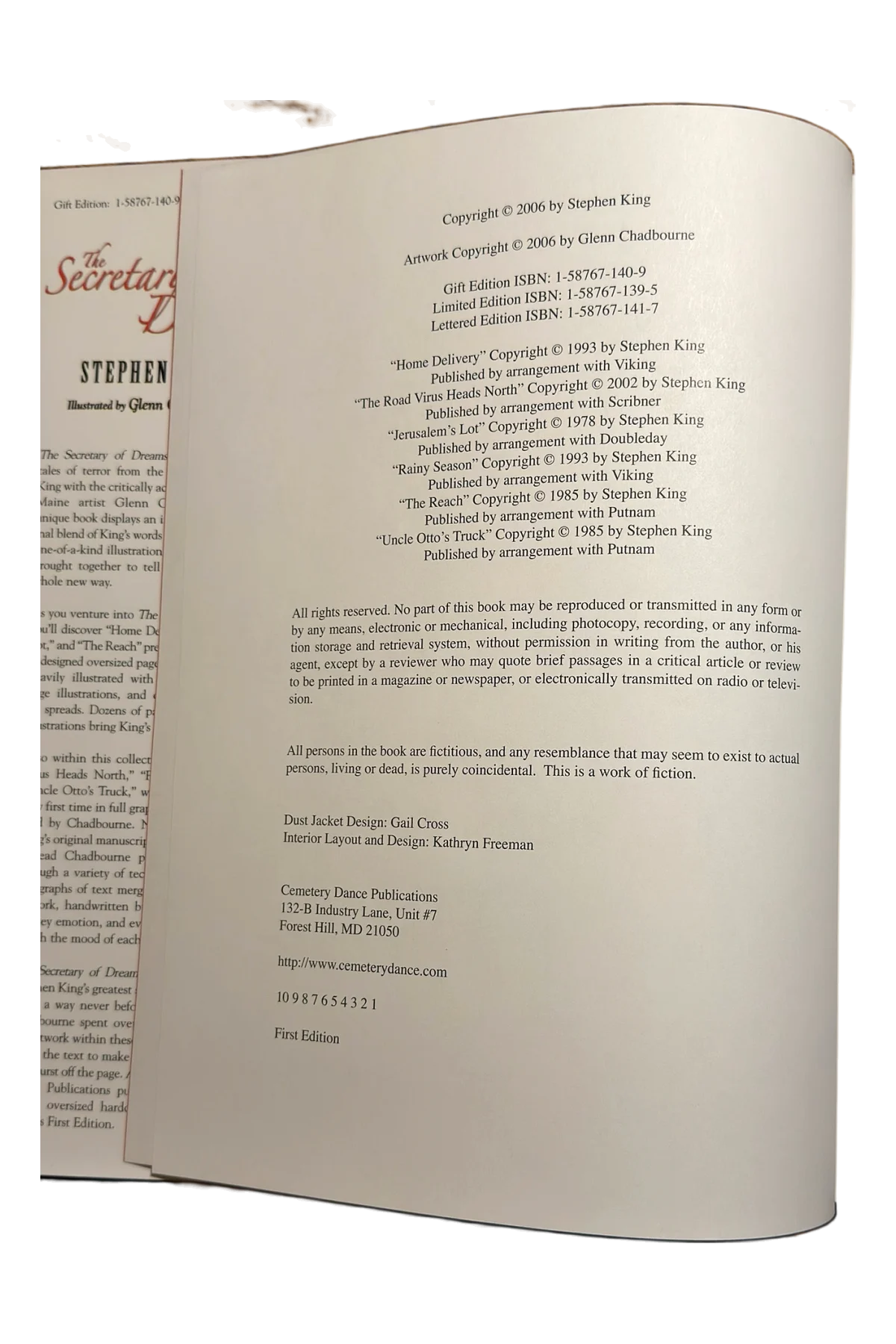 The Secretary of Dreams, Volume One Copyright Page